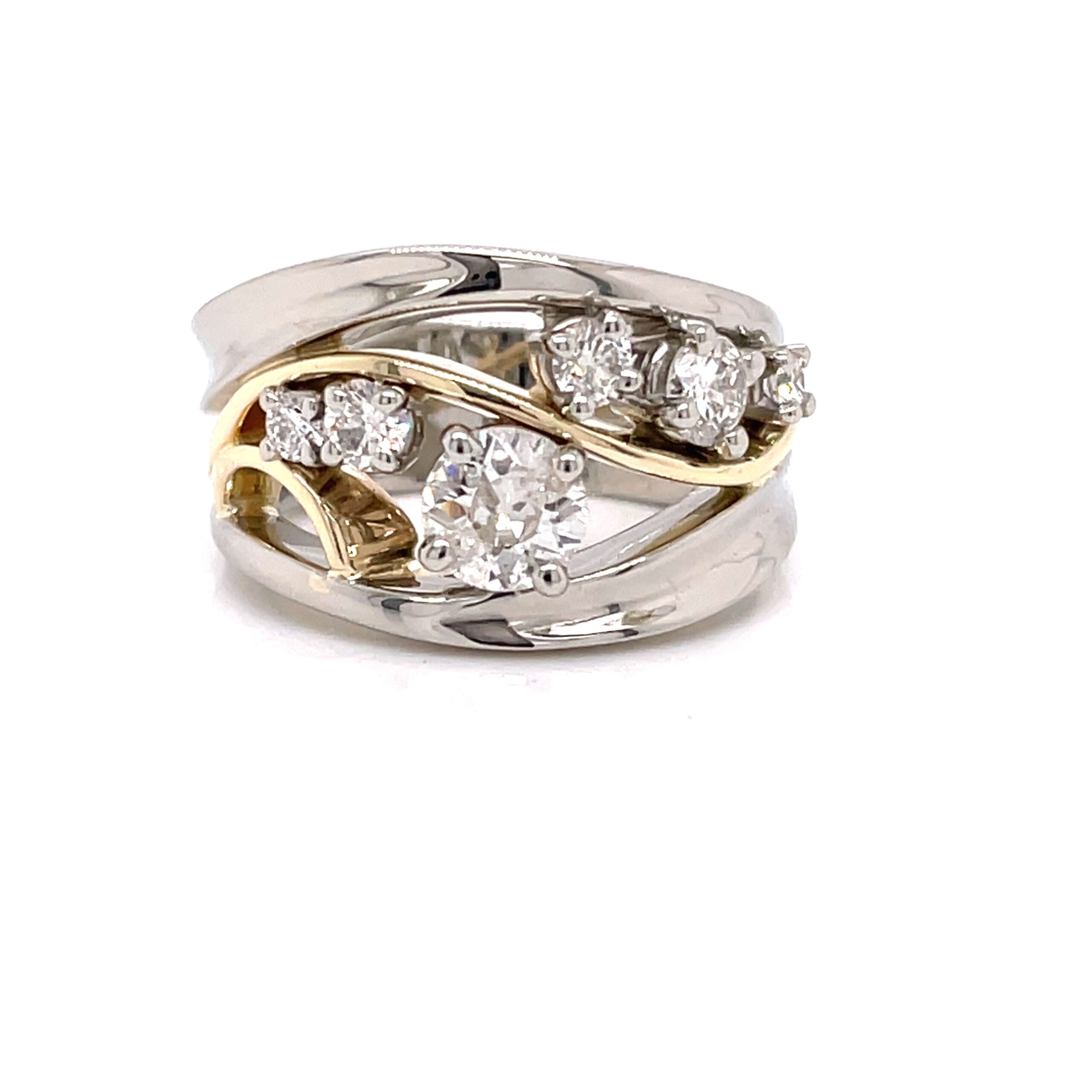 Ring with a distinctive band design. The band is composed of both silver and yellow gold, and it features a round diamonds. The object is set on white background.