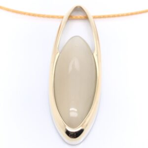Rose gold necklace with a pink pearl pendant featuring an oval in shape. The pendant hangs in a twisted-type chain. The object is set on white background.